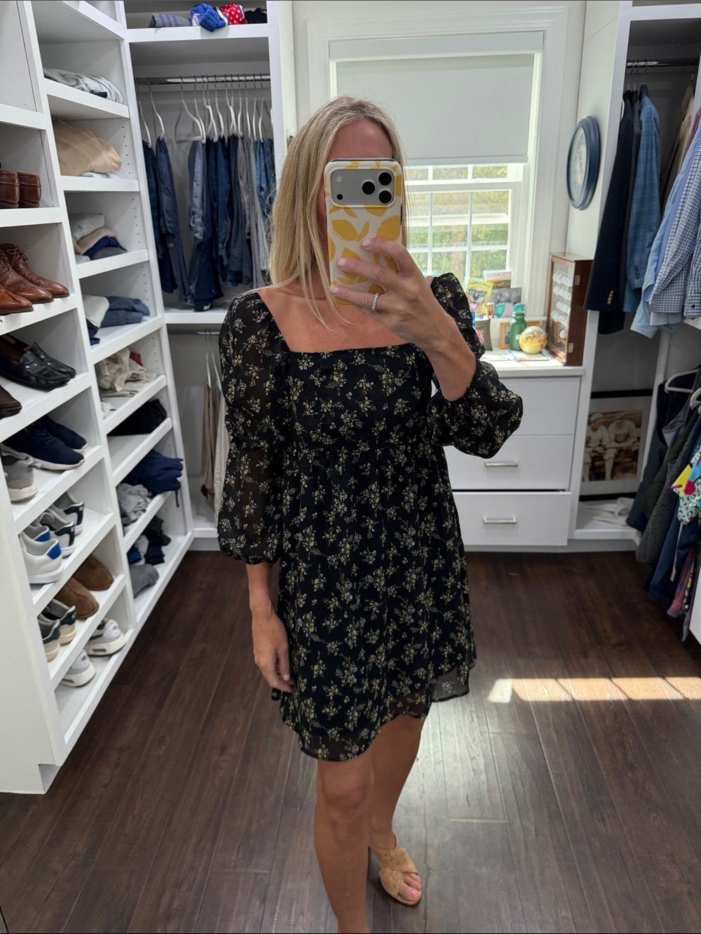 Exlura Women’s Black Floral Square-Neck Puff-Sleeve Dress XS NWT